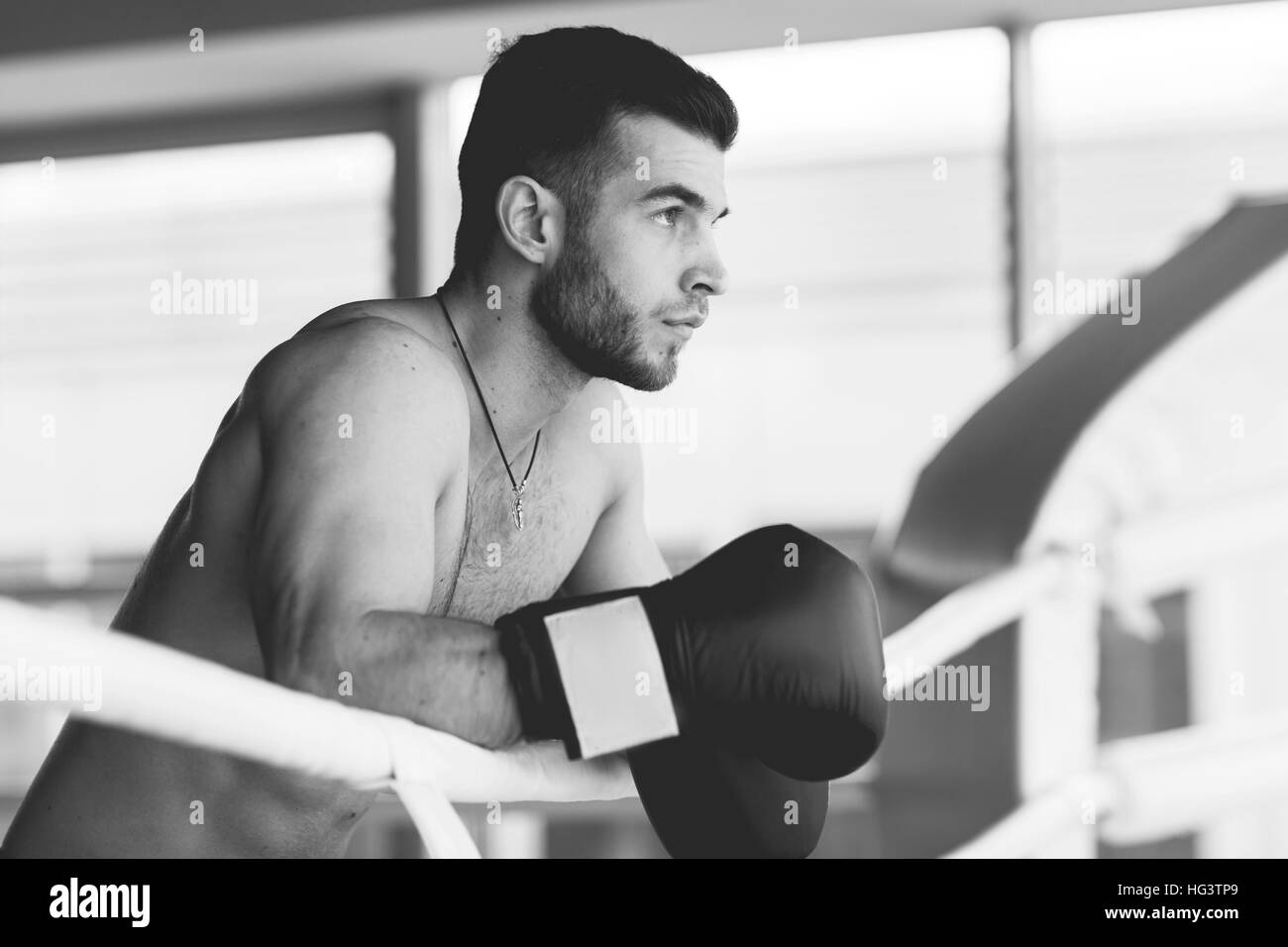 Black-white photo of handsome boxer Stock Photo