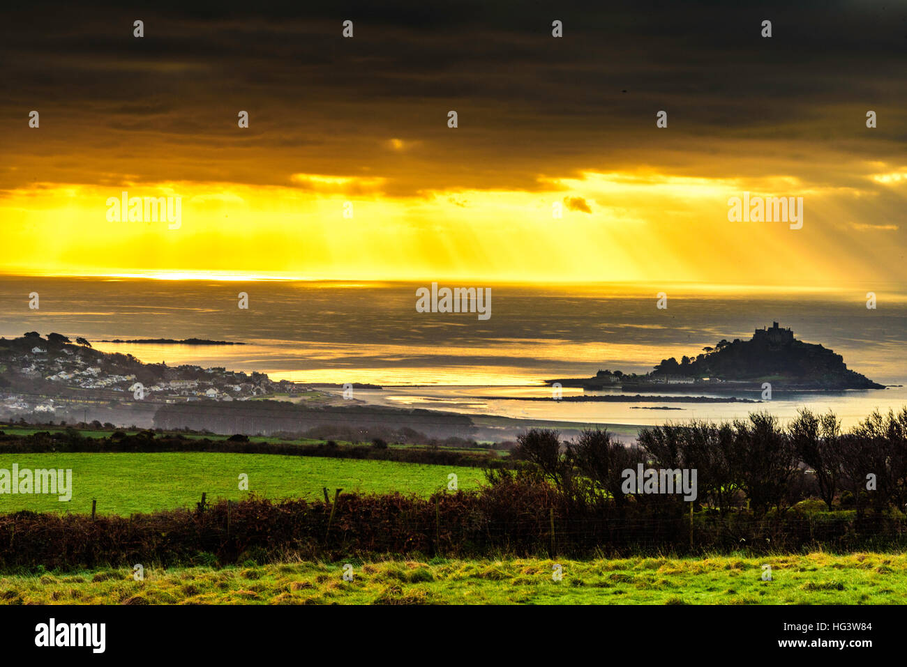 Moody skies over Mounts Bay at Marazion and Penzance, Cornwall Stock