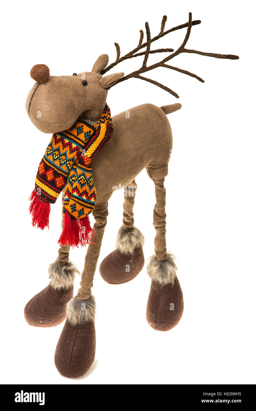 A Christmas decoration of Rudolph the red-nosed reindeer, wearing a colourful scarf on a white background. Stock Photo
