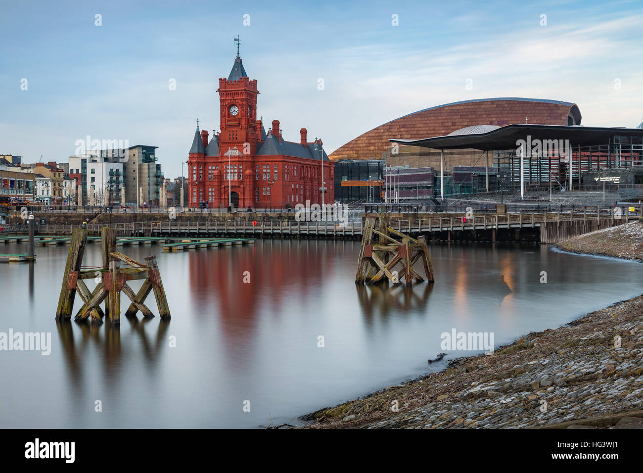 Pierhead building and Y Senedd (Welsh Assembly building), Cardiff Bay, Glamorgan, Wales, UK Stock Photo