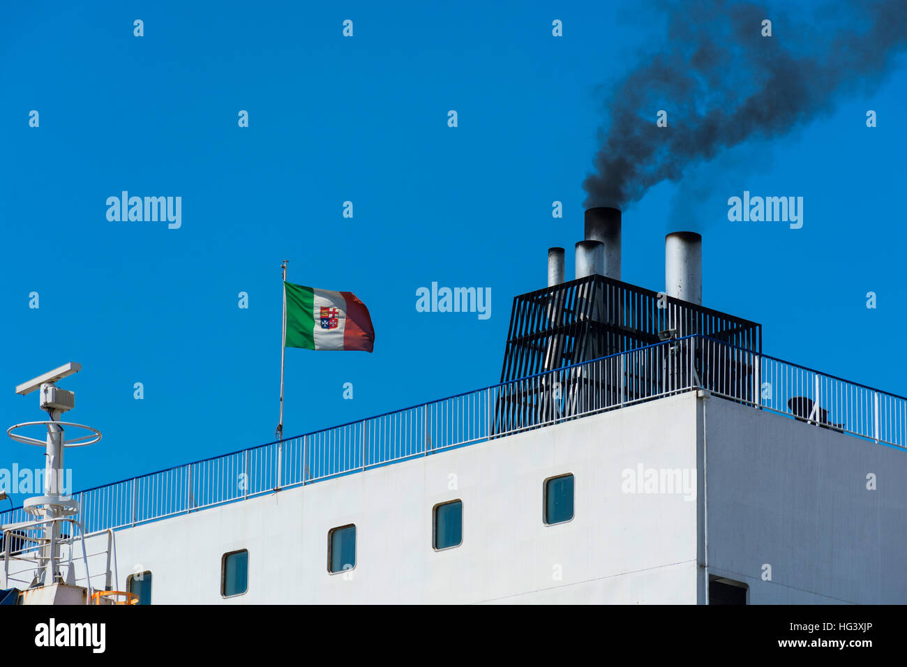 Aboard, chimney of a ferry or cruise ship, black smoke. Pollutes the ...