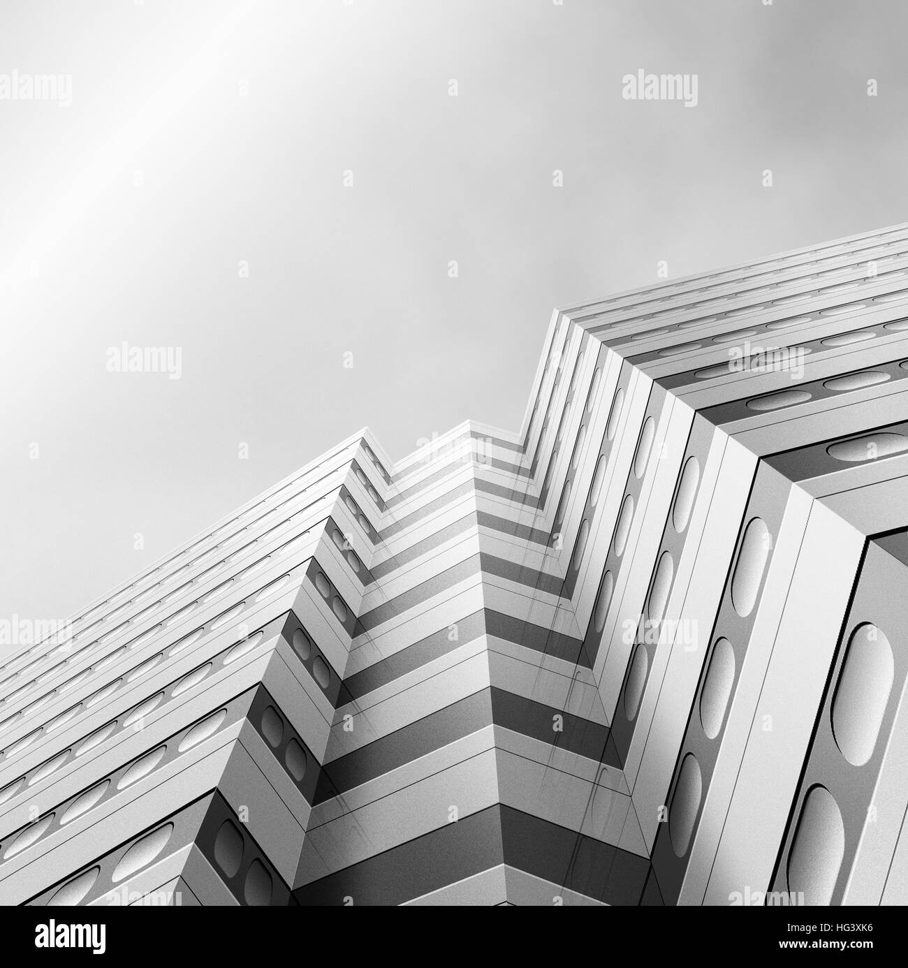 Directly Below Shot Of Modern Skyscraper Against Cloudy Sky. Illustration. Stock Photo