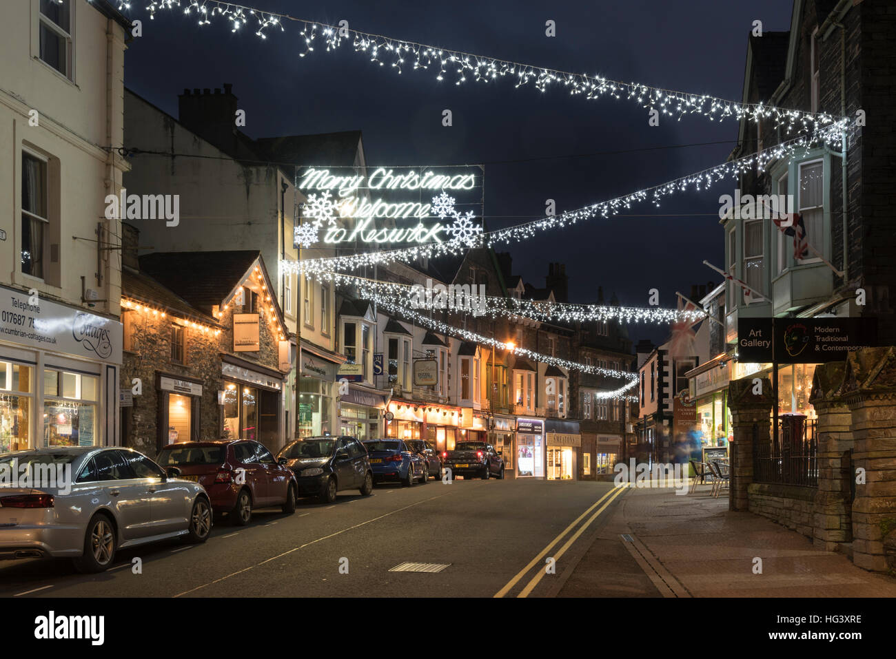 Christmas lights and street decorations in keswick the Lake District Cumbria UK Stock Photo Alamy