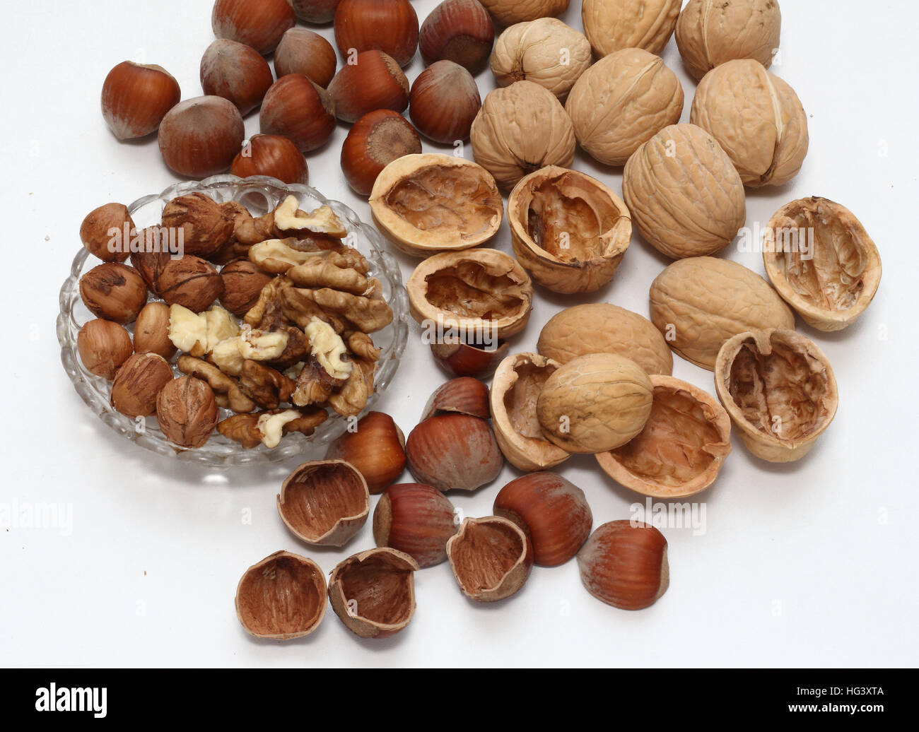 Hazelnuts and walnuts Stock Photo