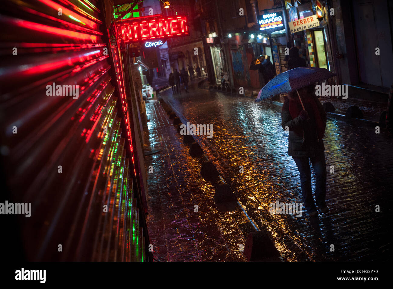 Rainy Side Street in Istanbul at night, Turkey Stock Photo