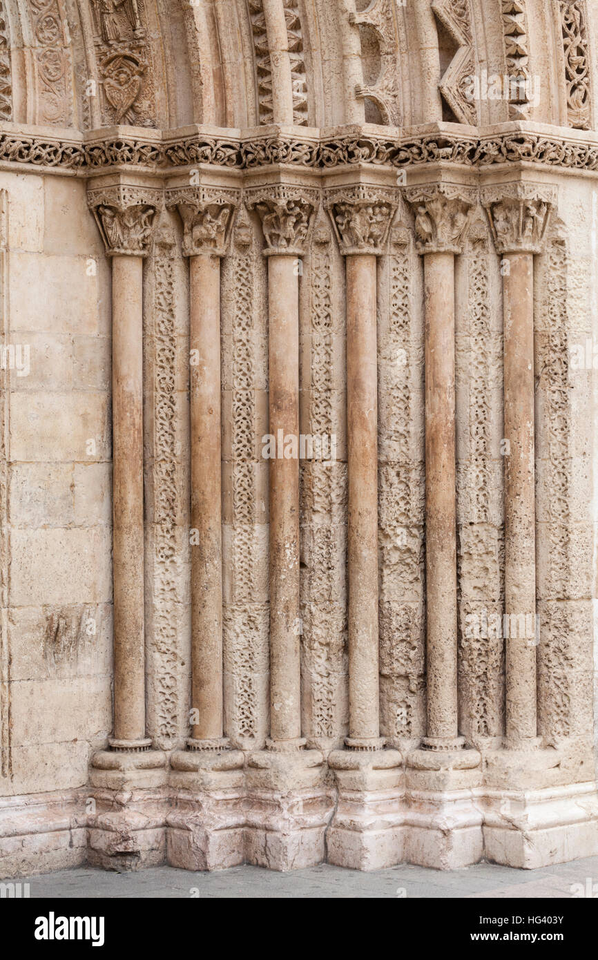 Exterior detail view of la Puerta del Palau entrance columns, Valencia Cathedral, Spain. Stock Photo