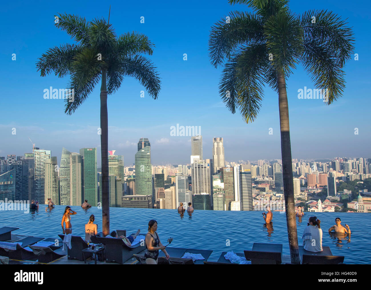 The swimming pool at the Marina Bay Sands SkyPark. Singapore Stock Photo