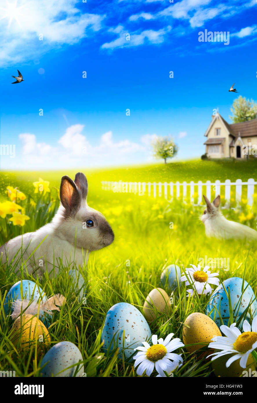 Art Easter bunny rabbit and easter eggs on meadow Stock Photo Alamy