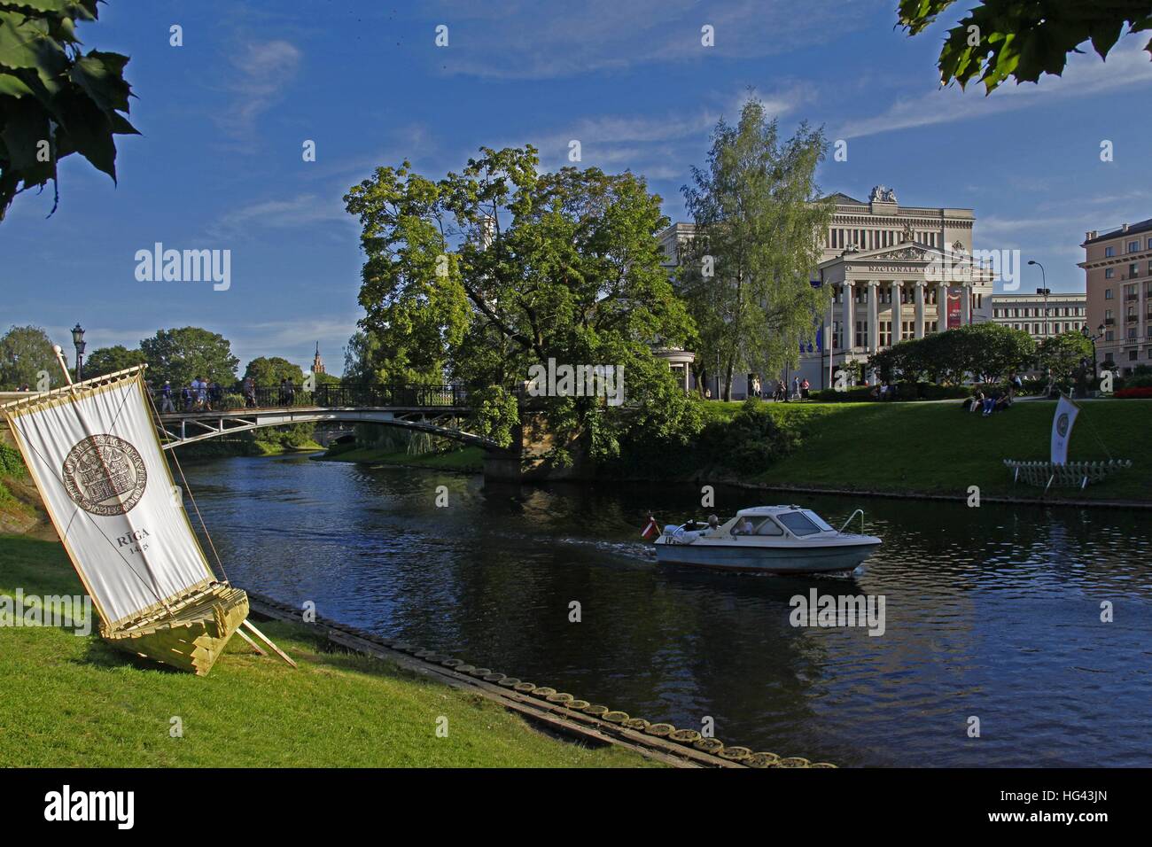 The National Opera on the town canal in the Bastejkalns park, Riga ...