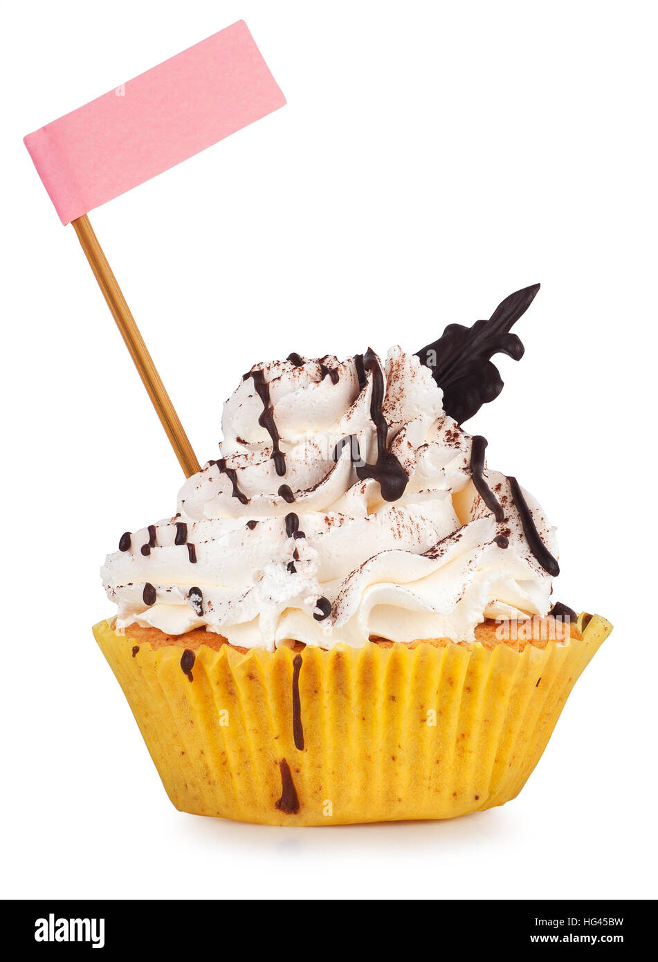 Cupcake with chocolate drizzle and pink flag with place for text isolated on white background Stock Photo