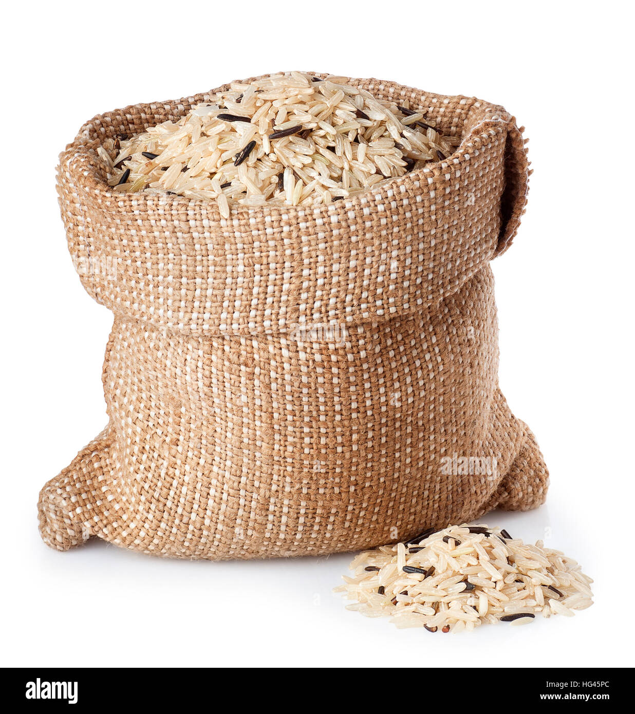 wild and brown rice in sack bagi solated on white background Stock Photo
