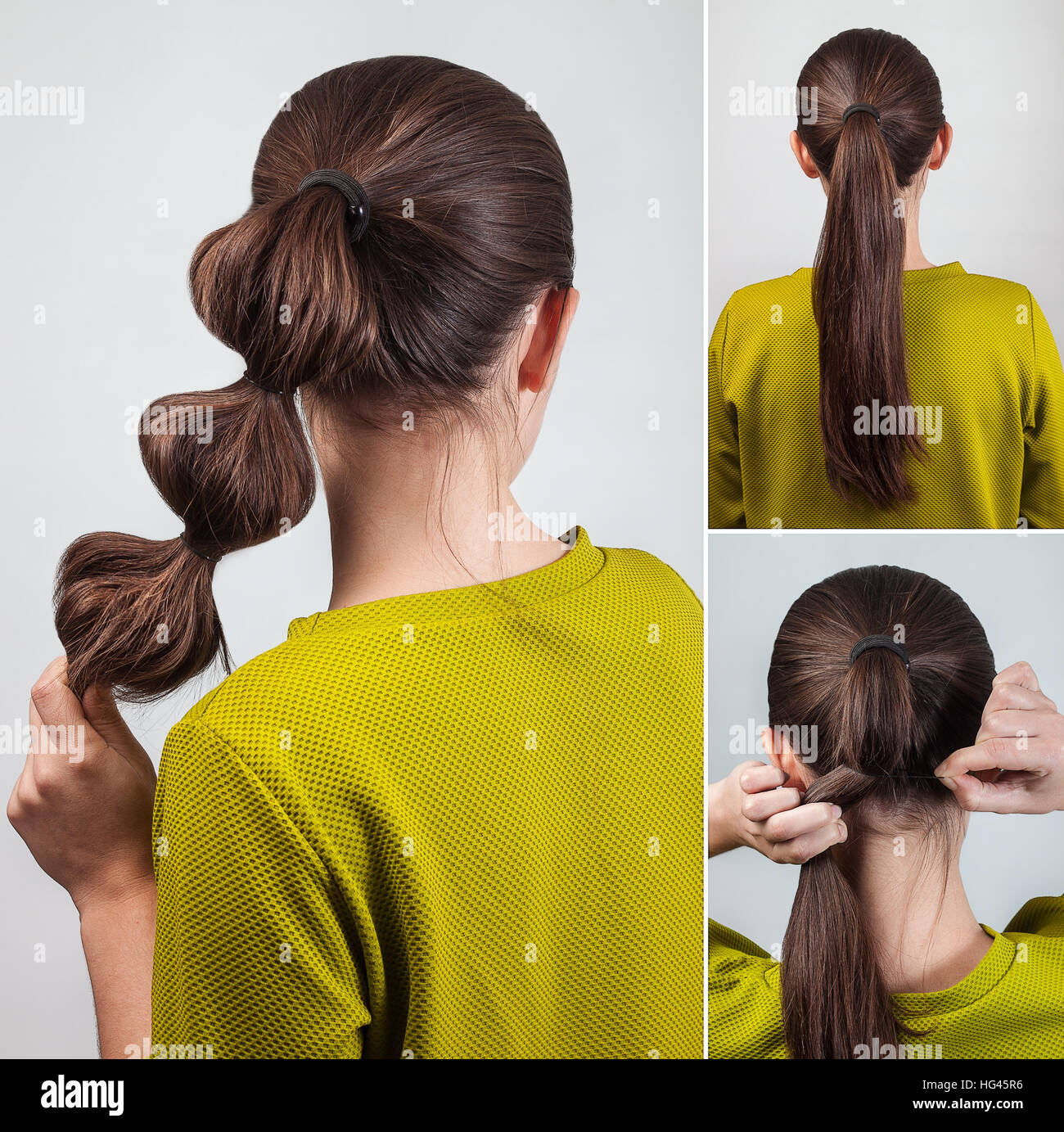 simple casual hairstyle pony tail with scrunchy tutorial Stock Photo - Alamy