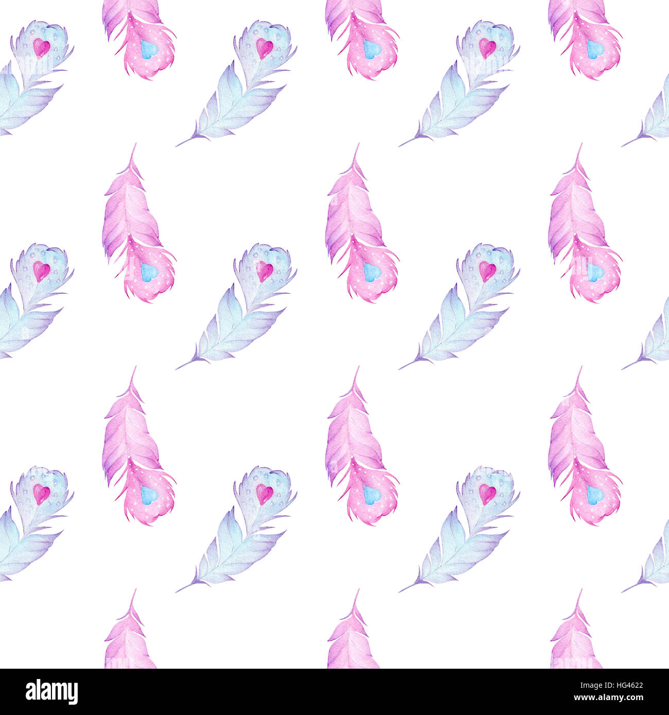 Watercolor birds feathers seamless boho pattern texture on white ...