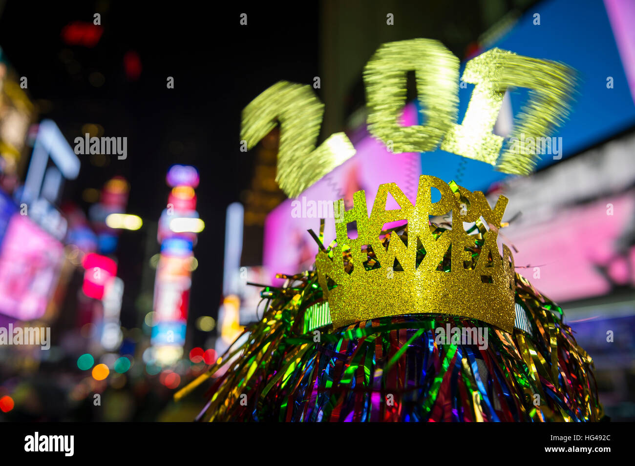 Happy New Year 2017 party hat in Times Square, New York City Stock Photo