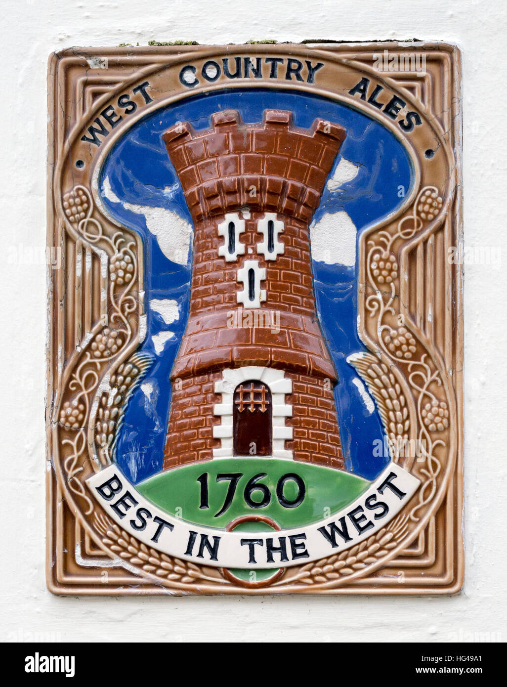 West Country Ales glazed pottery ceramic wall tile sign "Best in the West" 1760 Stock Photo