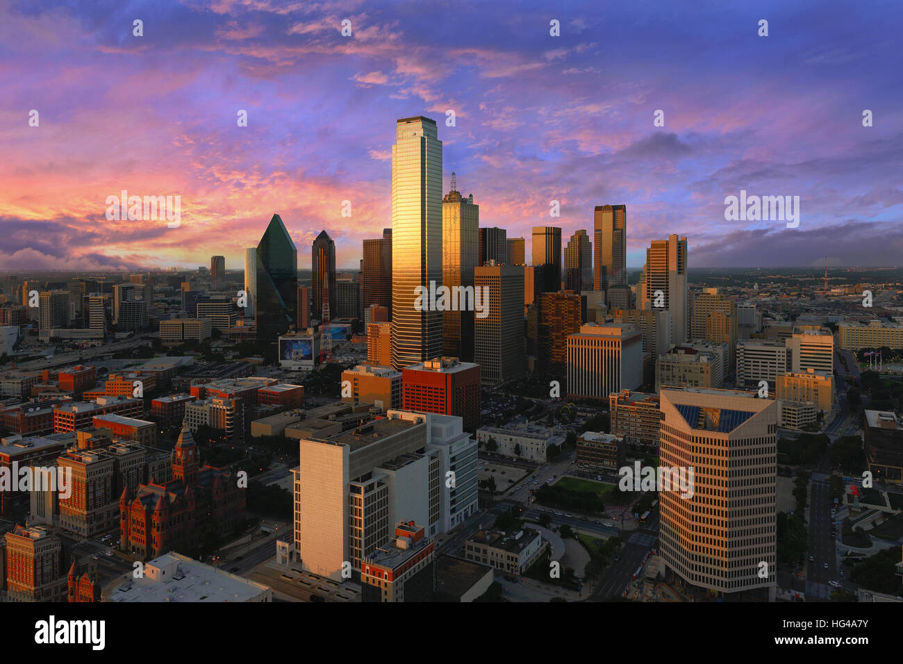 Dallas City Skyline at dusk, sunset. Dallas Texas downtown, business center. Commercial zone in big city. Dallas City view from Reunion Tower. Stock Photo