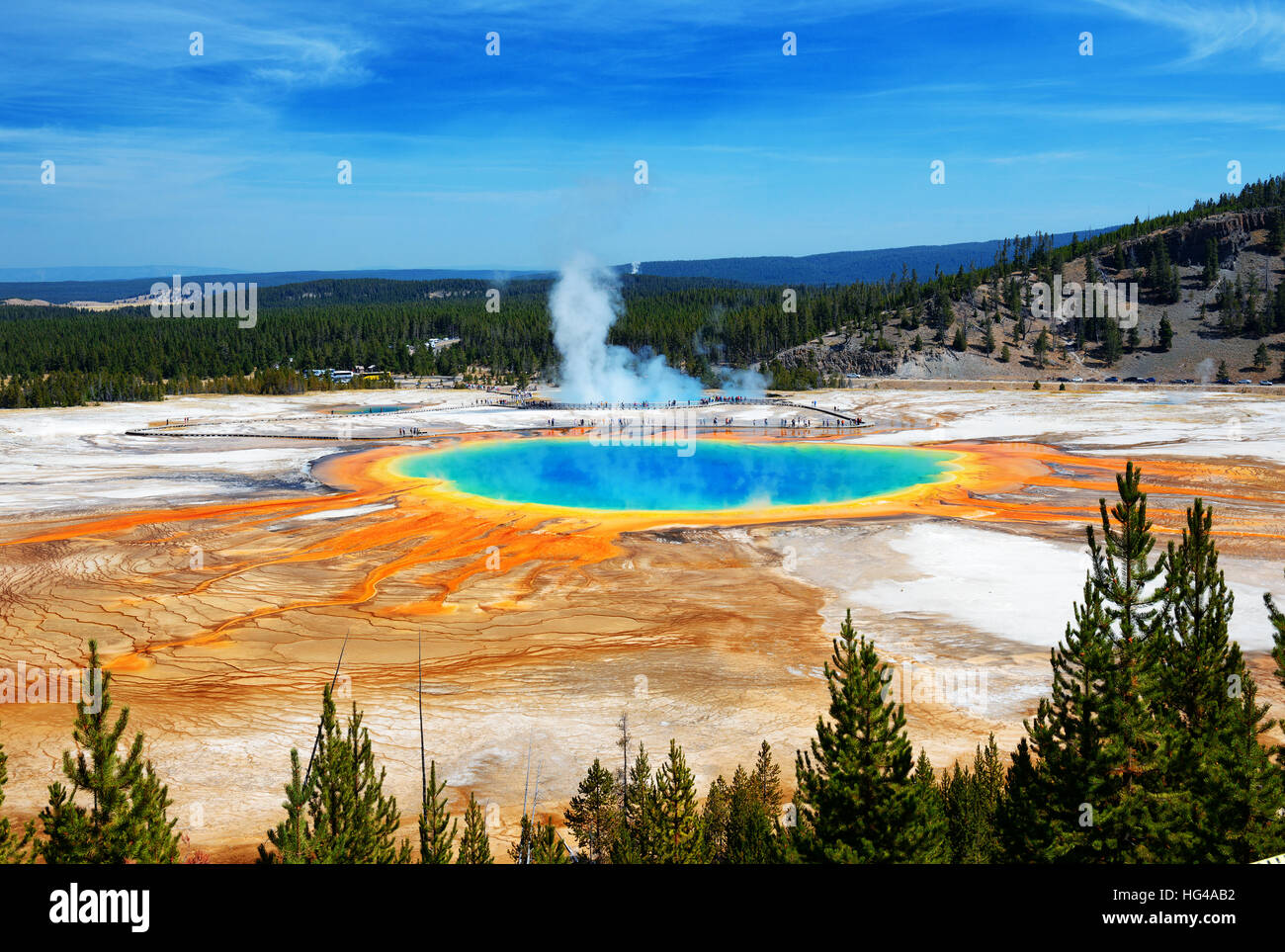 Famous trail of Grand Prismatic Springs in Yellowstone National Park from high angle view. Beautiful  hot springs with vivid color blue green orange i Stock Photo