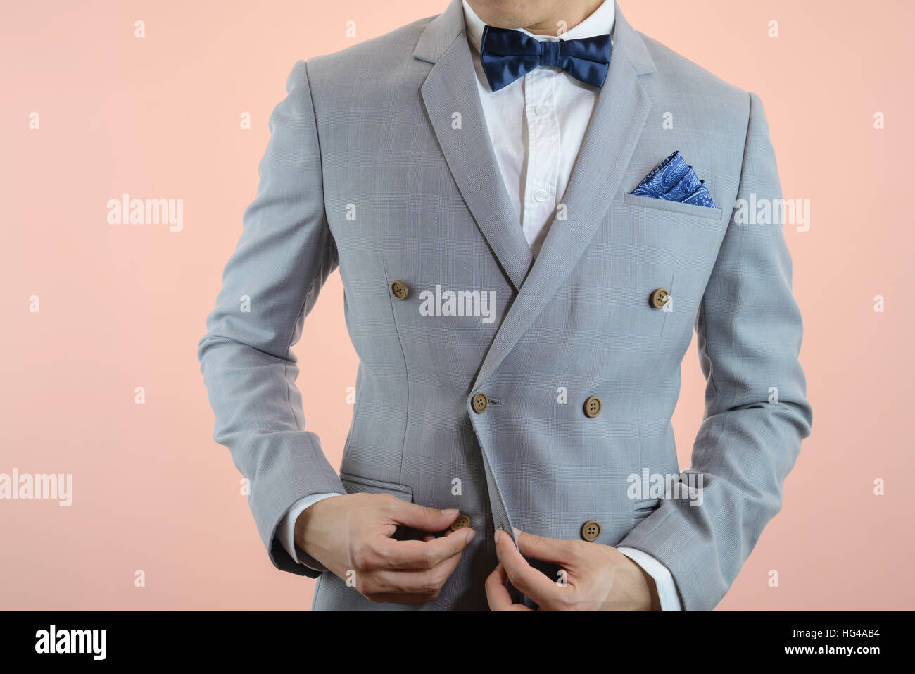Man In Grey Suit Plaid Texture Blue Bowtie And Pocket Square Close Stock Photo Alamy