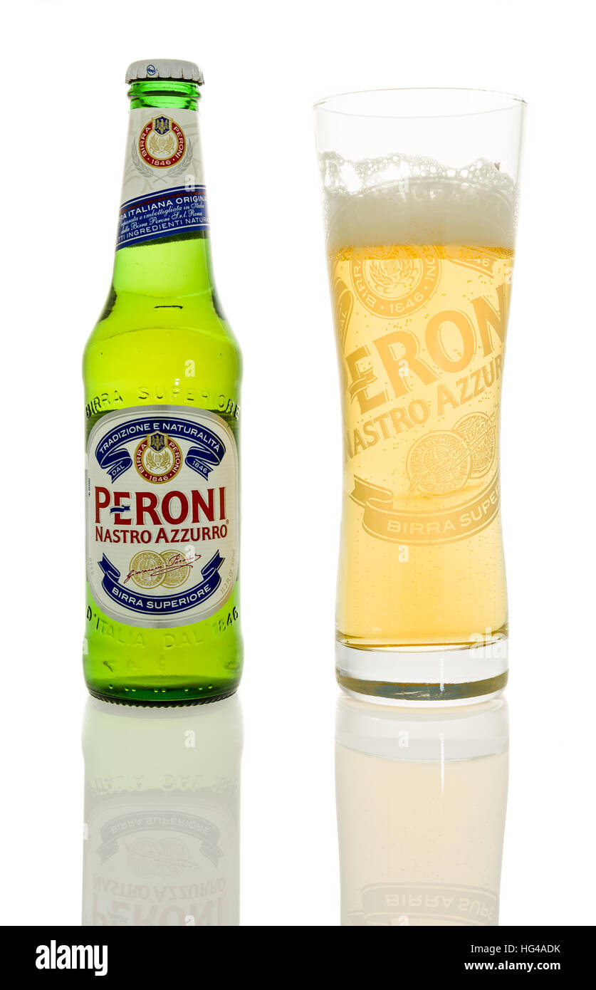 Winneconne, WI - 1 January 2017:  Bottle of Peroni beer with glass on an isolated background. Stock Photo