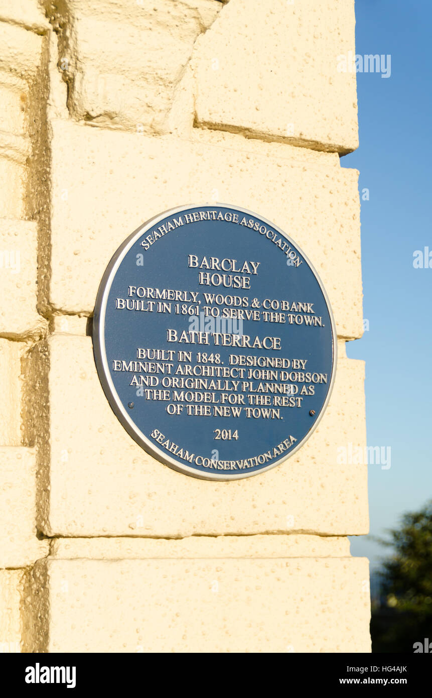 A Blue Heritage Plaque, by Seaham Heritage Association, Commemorating 'Barclay House' and 'Bath Terrace' (John Dobson 1848) in Seaham Stock Photo