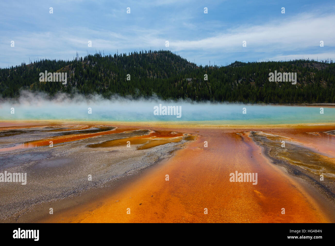 Famous trail of Grand Prismatic Springs in Yellowstone National Park. Beautiful  hot springs with vivid color in Wyoming. Stock Photo