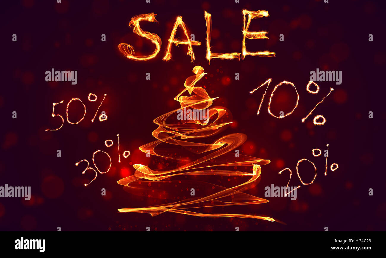 Big final sale, special hot sale offer background in fire, wave and bokeh with holiday fir tree. Banner or poster for e-commerce, shop, store. Stock Photo