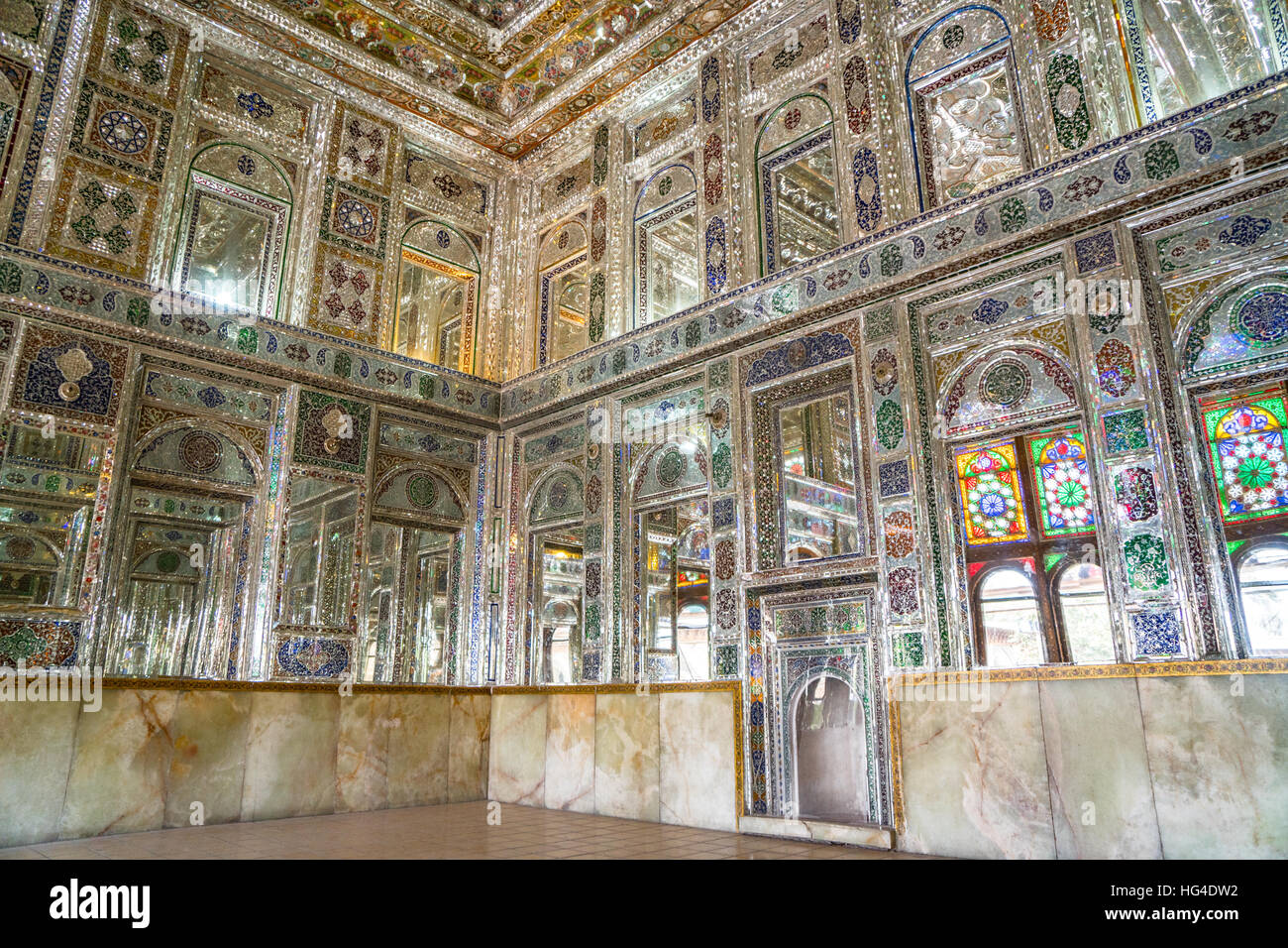 Mirrored reception hall, Khan-e Zinat al-Molk, Qavam al-Molk family's private quarters, Shiraz, Iran, Middle East Stock Photo