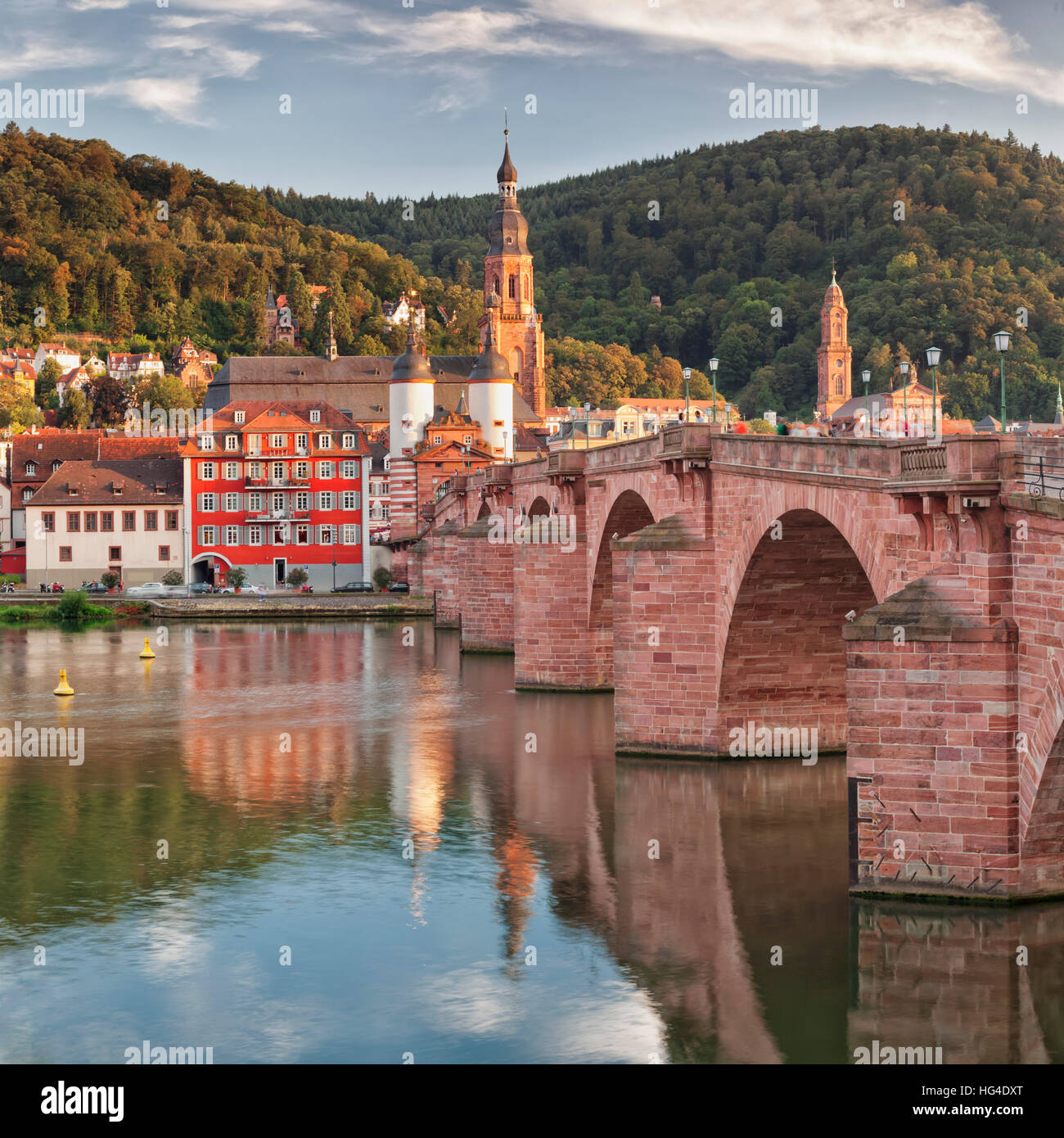 Old town with Karl-Theodor-Bridge, Gate and Heilig Geist Church, Neckar River, Heidelberg, Baden-Wurttemberg, Germany Stock Photo