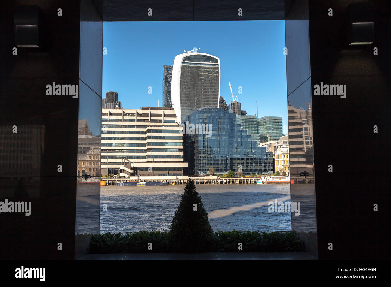 London Walkie-talkie Fenchurch  building framing through a square window Stock Photo
