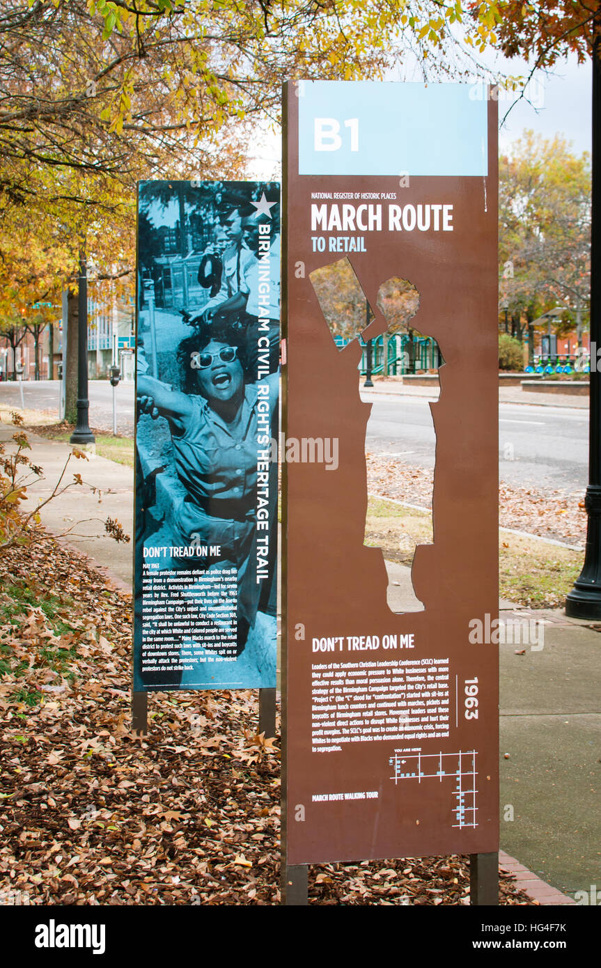 Educational tour markers describing civil rights history bordering Kelly Ingram Park in Birmingham, Alabama, USA Stock Photo