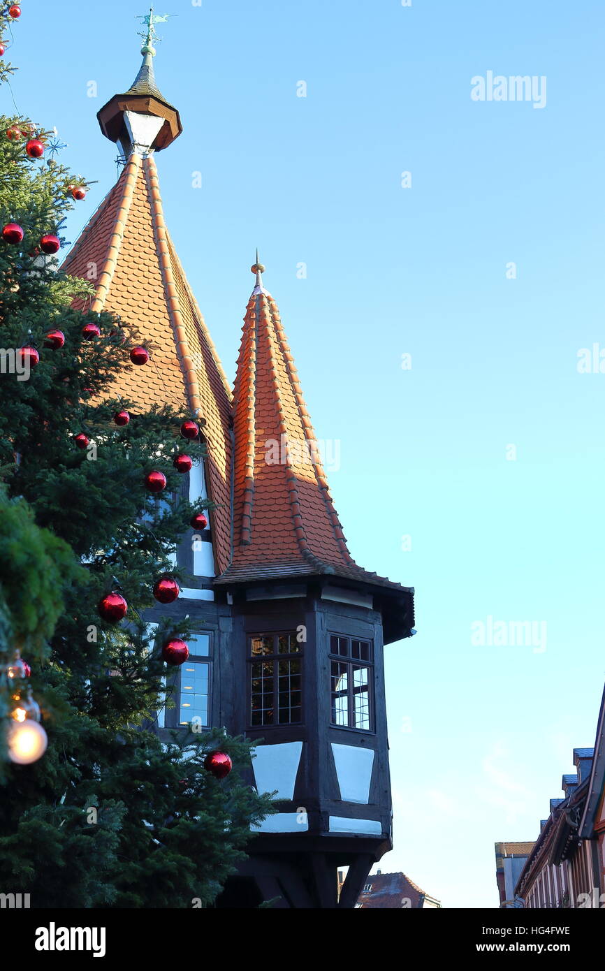 Old town hall of Michelstadt with christmas decoration in the front Stock Photo