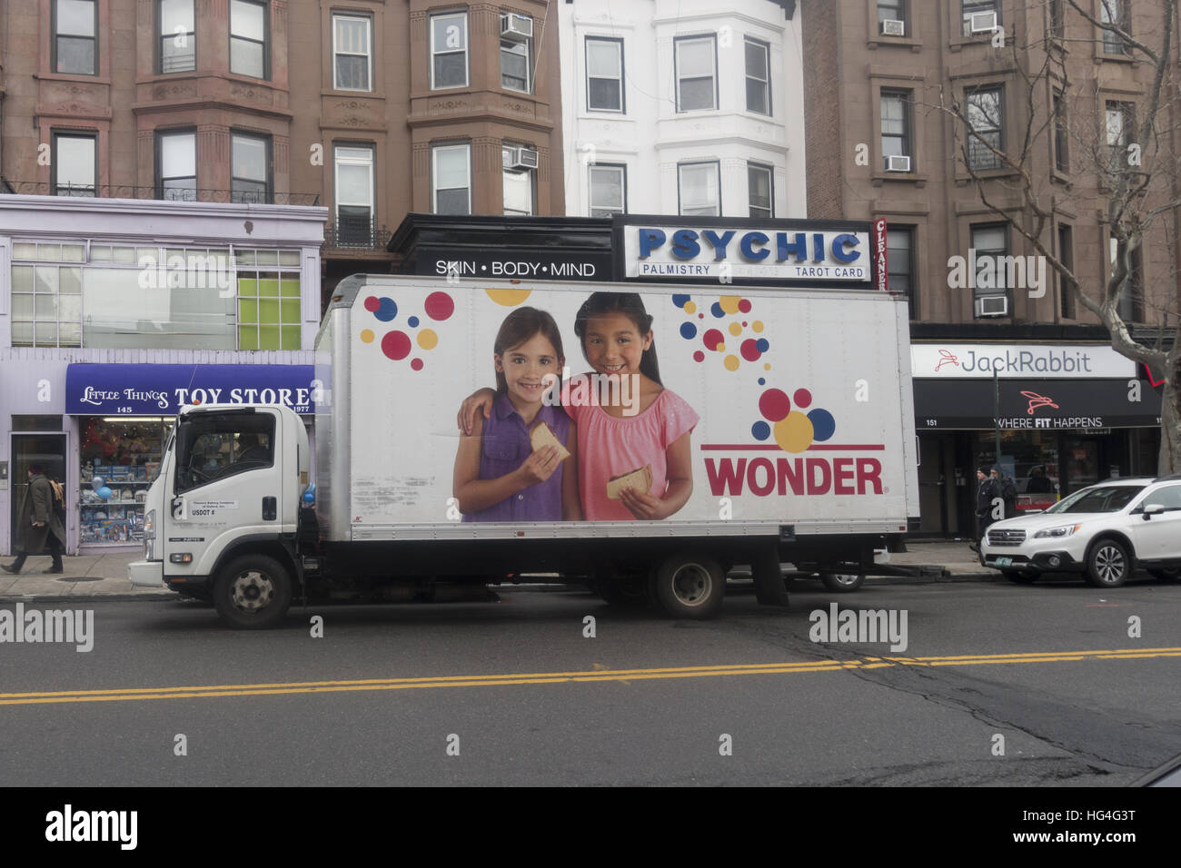 Wonder Bread truck with its iconic colorful balloons has been around since 1921 and is responsible for many baking firsts including adding vitamins to the loaf. Due to growing public demand even Wonder Bread will be free of artificial preservatives in the future. Stock Photo