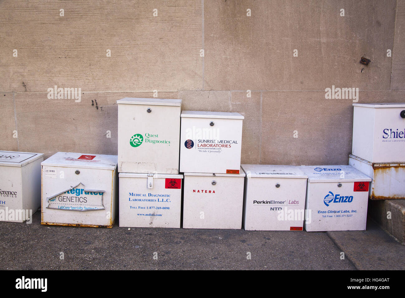 Locked medical test boxes waiting for pickup outside a Doctor's office in midtown Manhattan