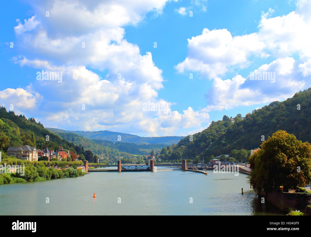 View over Neckar river with parts of Heidelberg Stock Photo