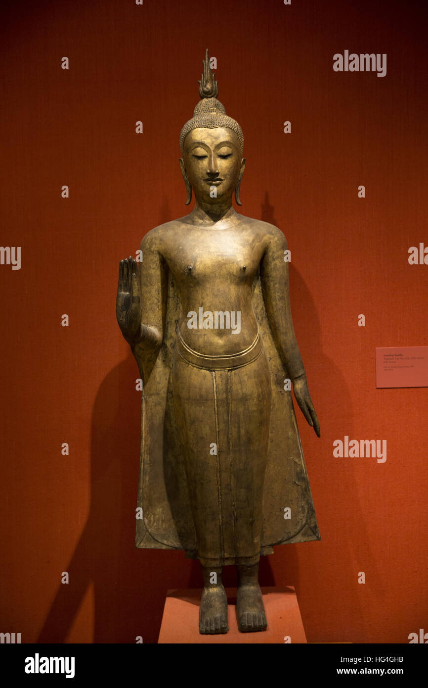 Standing Buddha, Thailand, Lan Na style, 15th century, Gilt bronze. Metropolitan Museum of Art, NYC. Stock Photo