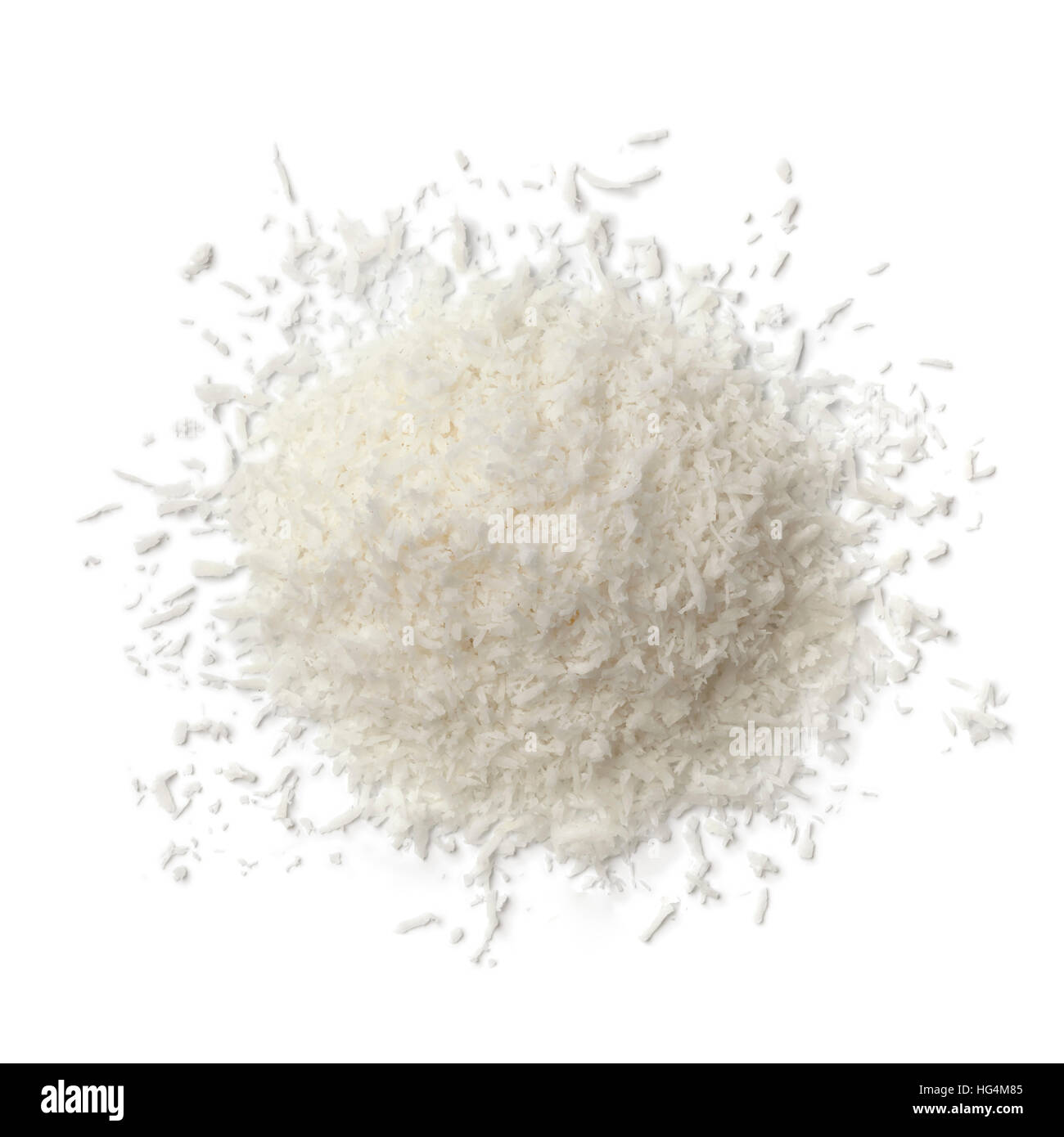 Heap of shredded coconut meat isolated on white background Stock Photo