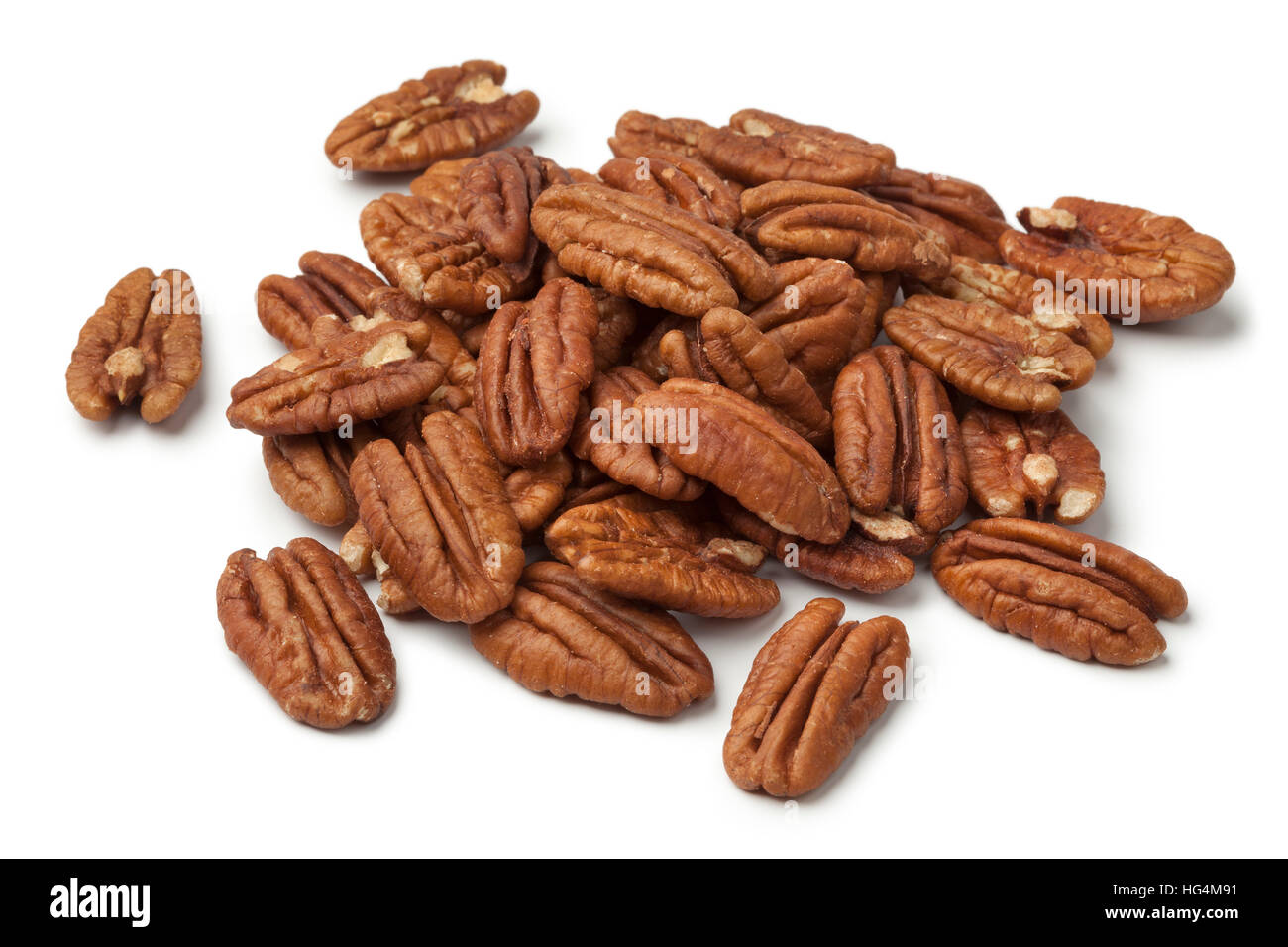 Heap of shelled pecan nuts on white background Stock Photo