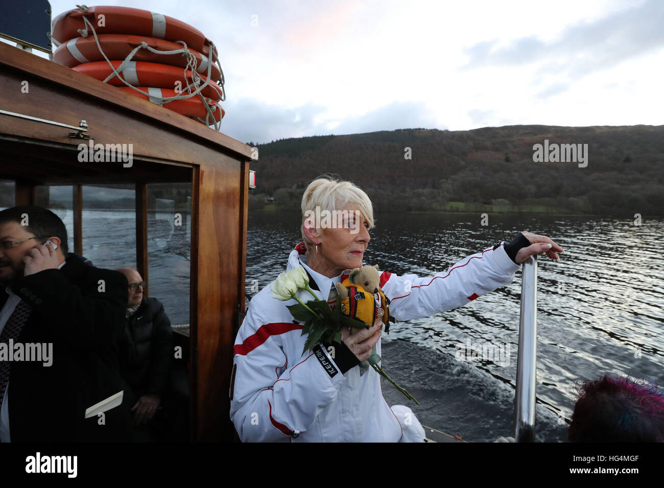 Gina Campbell, the daughter of world land and water speed record holder Donald Campbell, holds