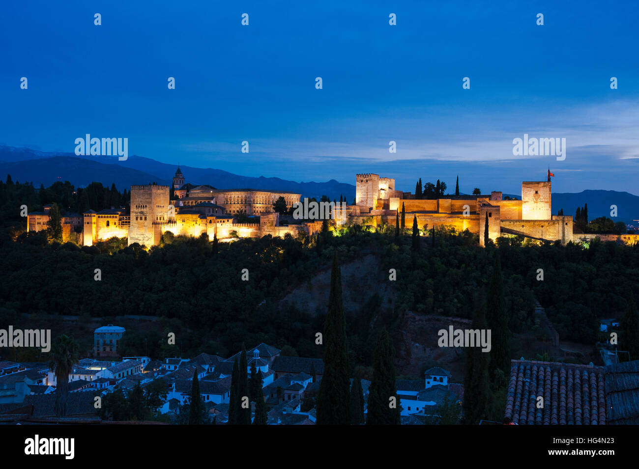 Alhambra in Granada at sunset, Andalusia, Spain Stock Photo