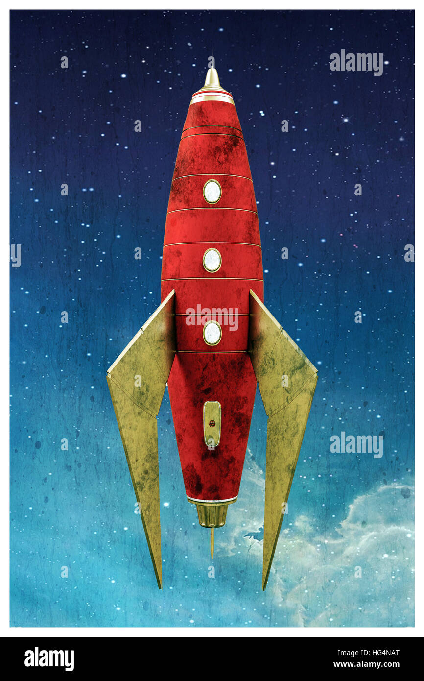 3d illustration of a space rocket in an old postcard Stock Photo - Alamy