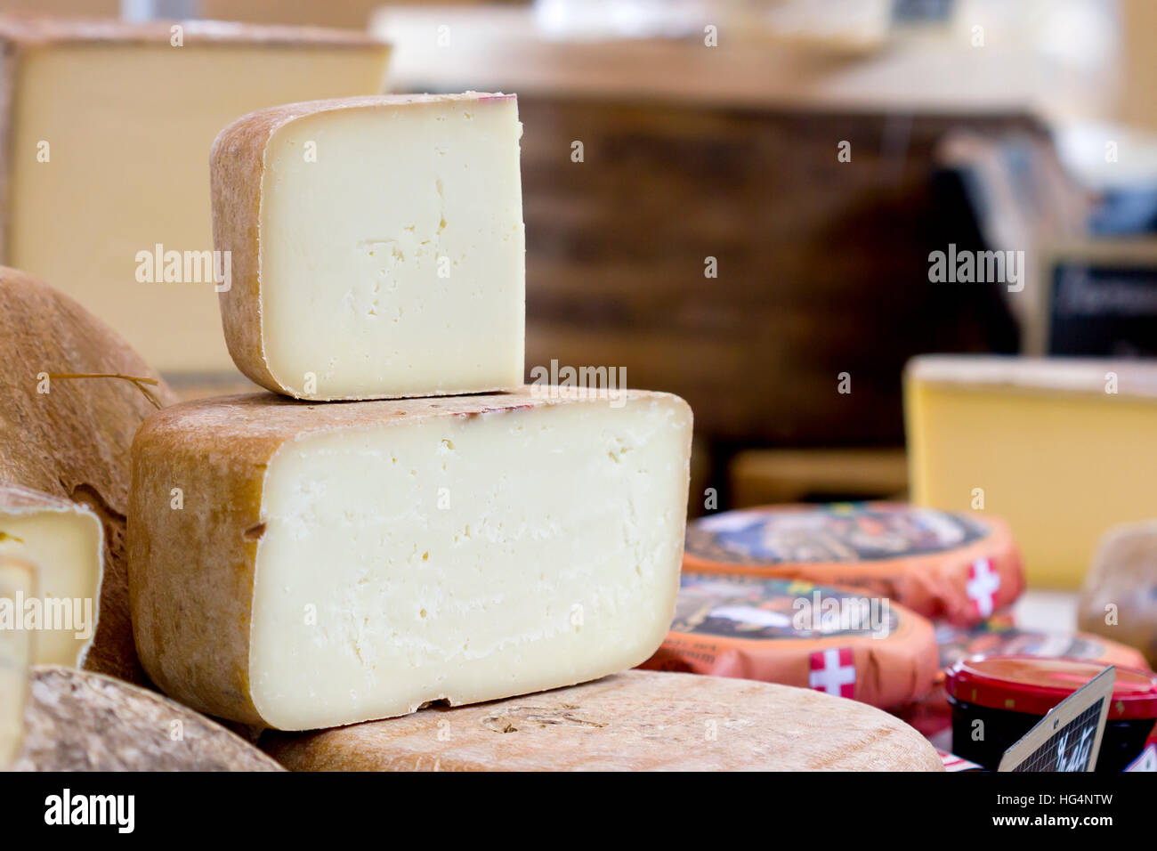 Sheep cheese wedge for sale (Errenteria, Guipuzcoa, Basque country). Stock Photo
