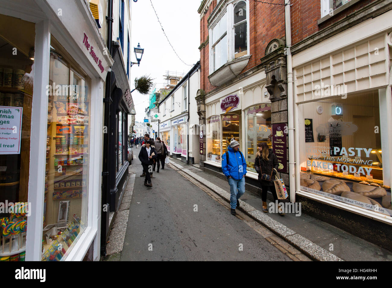 Fore Street in Fowey, Cornwall. A popular tourist spot along the Cornish Coast and often busy with people all year round. Stock Photo