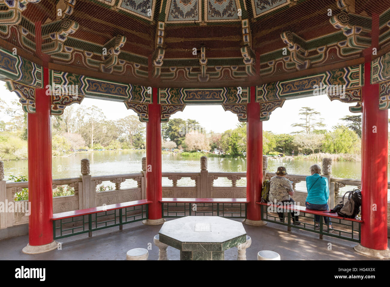 Looking out from the Chinese Pavilion at Stow Lake in Golden Gate Park, San Francisco, California, USA Stock Photo