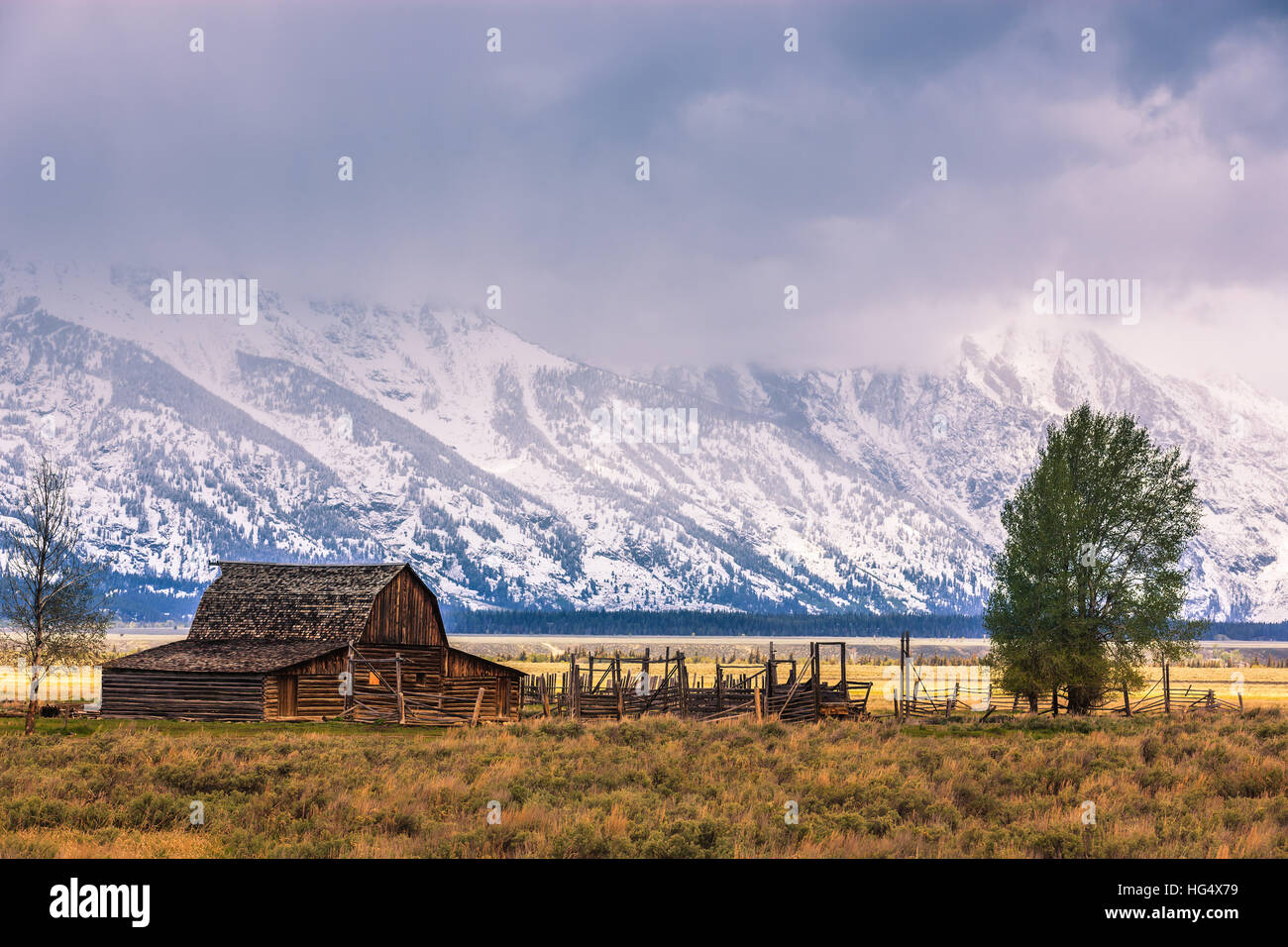 Mormon Row is a line of homestead complexes along the Jackson-Moran Road near the southeast corner of Grand Teton National Park. Stock Photo