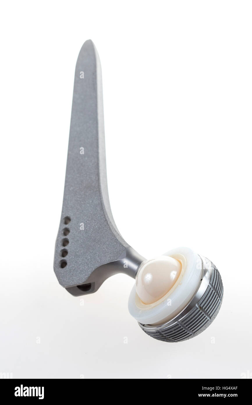 Endoprosthesis, artificial hip joint, consists of the hip stem, ball head, hip socket with pans insert, Stock Photo