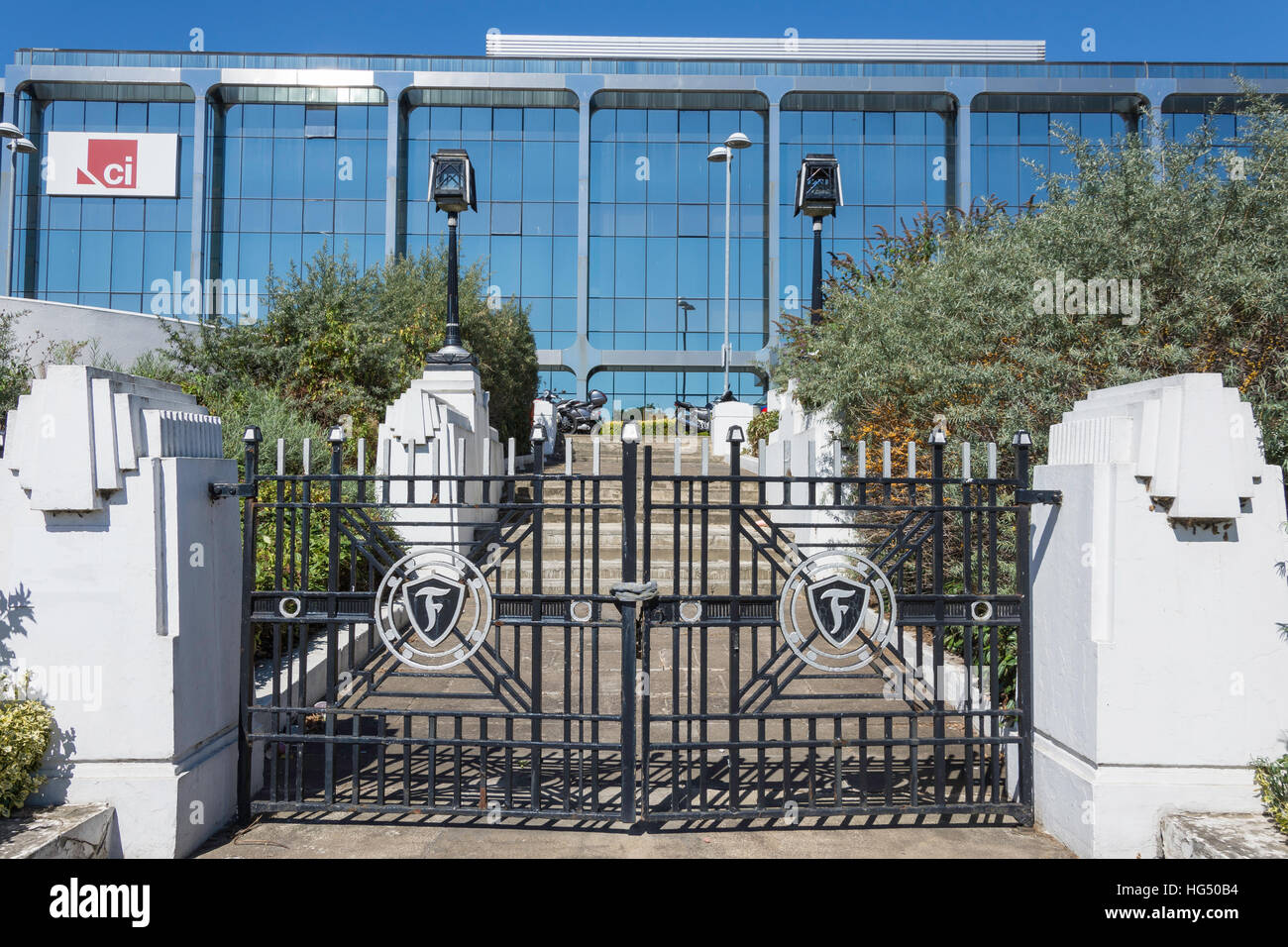 Art Deco Firestone entrance gate, Great West Road, Brentford, London Borough of Hounslow,  London, England, United Kingdom Stock Photo