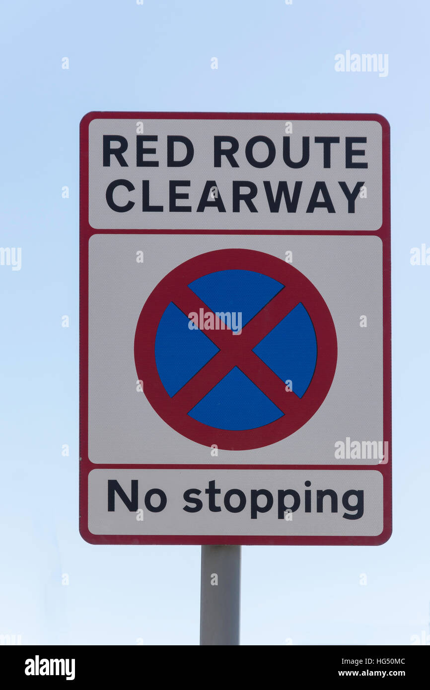 Red Route Clearway sign, Great West Road, Brentford, London Borough of Hounslow, Greater London, England, United Kingdom Stock Photo