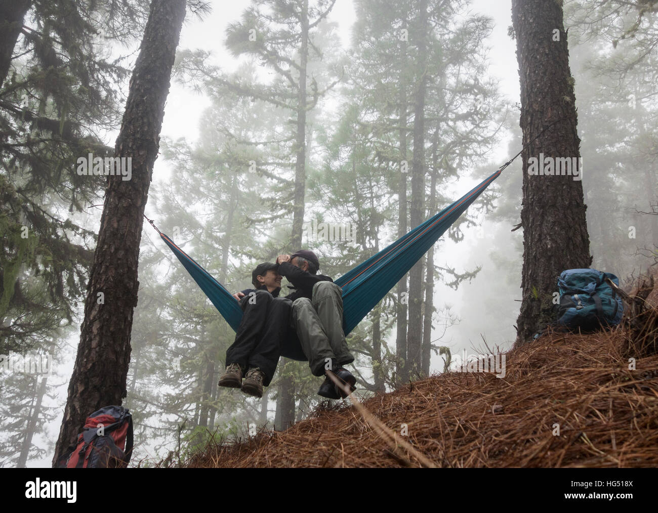 Mature couple hiking, relaxing in hammock in misty pine forest. Stock Photo