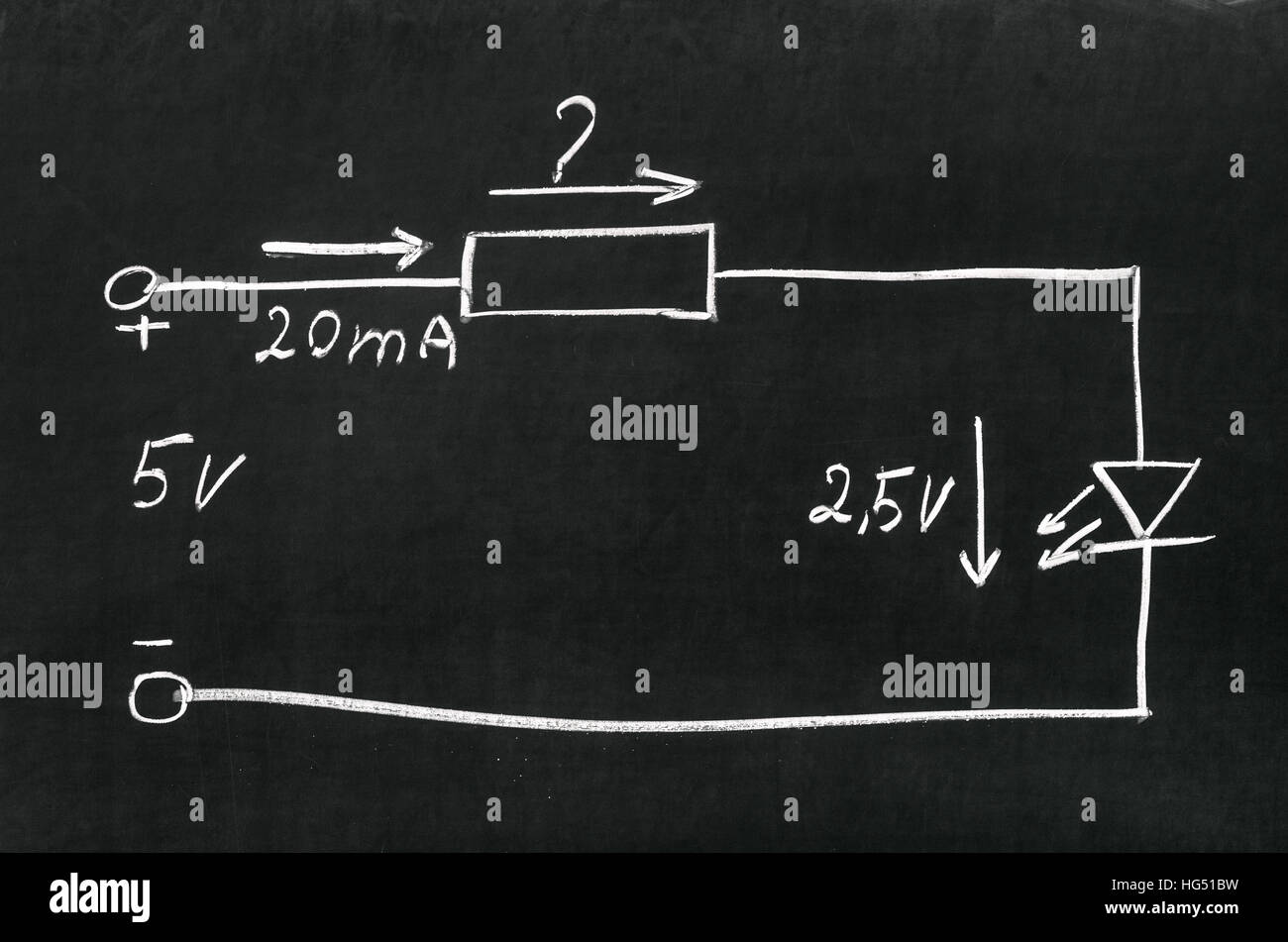 On blackboard painted with chalk electrical scheme. Calculate the resistor. Stock Photo
