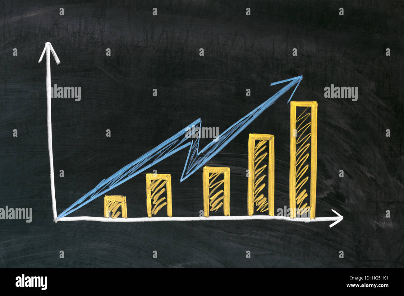 Graph showing rise in profits or earnings drawn over with chalk , Stock Photo